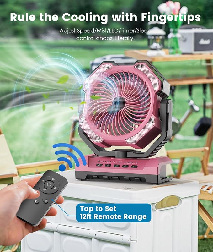 Misting Fan - Pink Portable Rechargeable Fan with 9oz Water Tank, Light, Hook - Versatile, 120H MAX Cooling, Last 5H Mist