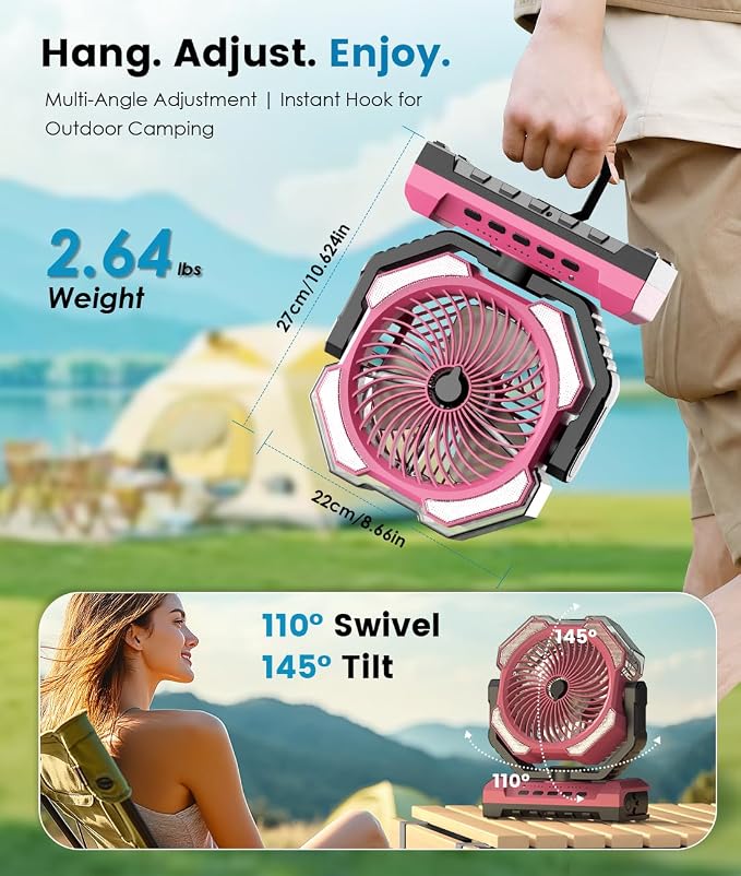 Misting Fan - Pink Portable Rechargeable Fan with 9oz Water Tank, Light, Hook - Versatile, 120H MAX Cooling, Last 5H Mist