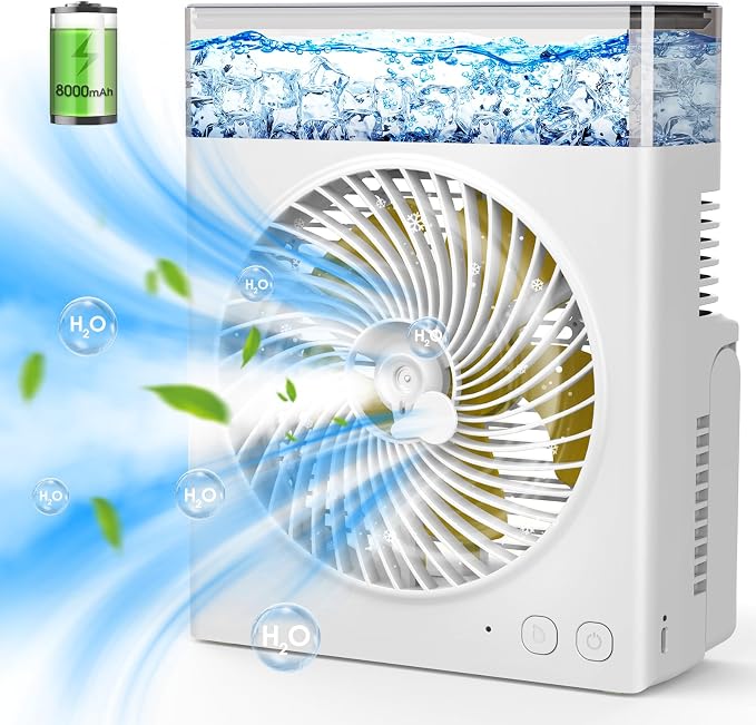 Misting Fan Portable, 8000mAh 8-Inch Rechargeable Battery Operated Fan with 600mL Water Tank, Cooling Desk Misting Fans for