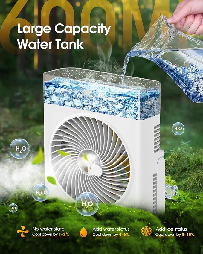 Misting Fan Portable, 8000mAh 8-Inch Rechargeable Battery Operated Fan with 600mL Water Tank, Cooling Desk Misting Fans for
