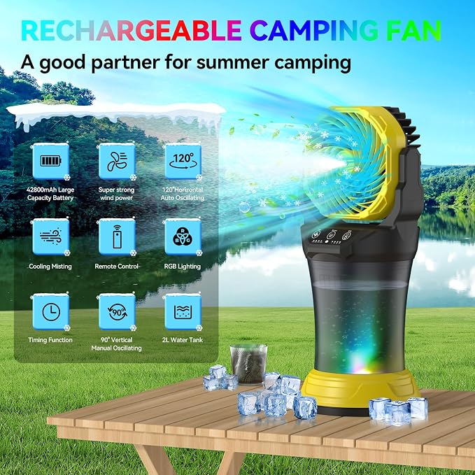 Misting Fan Portable Battery Powered with Remote Control, Camping Fan with RGB Ambient Light with 2L Bucket, alternate view 2