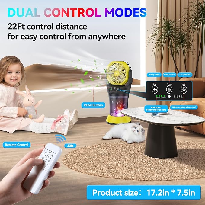 Misting Fan Portable Battery Powered with Remote Control, Camping Fan with RGB Ambient Light with 2L Bucket, alternate view 4