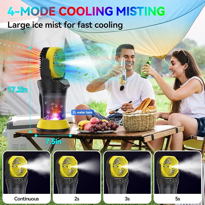 Misting Fan Portable Battery Powered with Remote Control, Camping Fan with RGB Ambient Light with 2L Bucket, alternate view 5