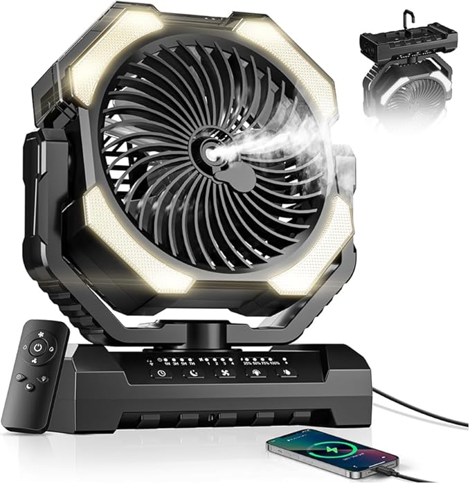 Misting Fan, Portable Camping Fans with 9oz Water Tank, 24000mAh Rechargeable Fan with 4 Speed, Battery Powered
