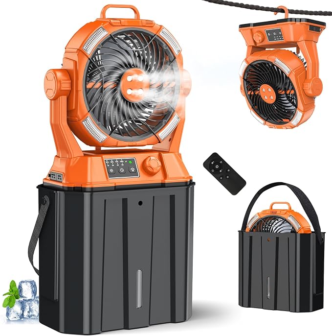 Misting Fan with Portable 6L Bucket for Outdoor Patios, 20000mAh Rechargeable Mister Fan for Camping with LED