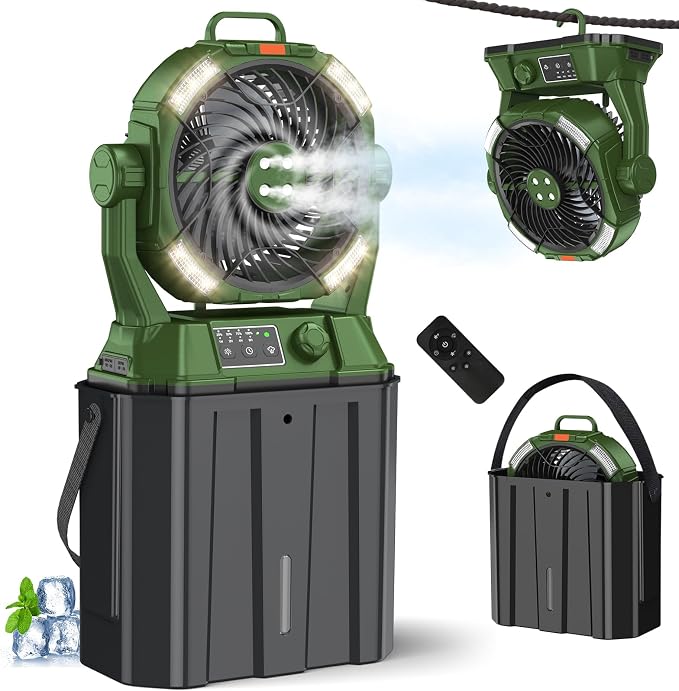 Misting Fan with Portable 6L Bucket for Outdoor Patios, 20000mAh Rechargeable Mister Fan for Camping with LED