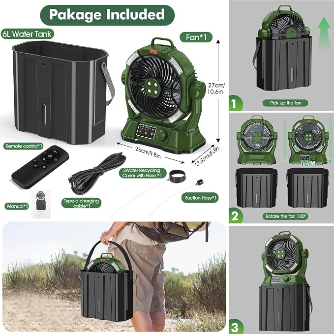 Misting Fan with Portable 6L Bucket for Outdoor Patios, 20000mAh Rechargeable Mister Fan for Camping with LED, alternate view