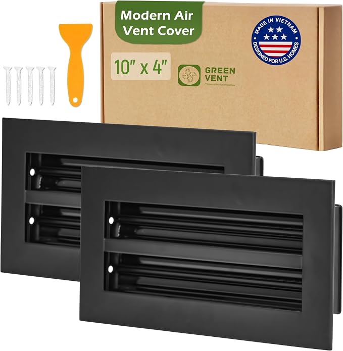 Modern Air Vent Cover 10x4 (Duct Opening), 2 Pack - Decorative Black Aluminum Linear Slot Diffuser for Wall, Ceiling, Floor