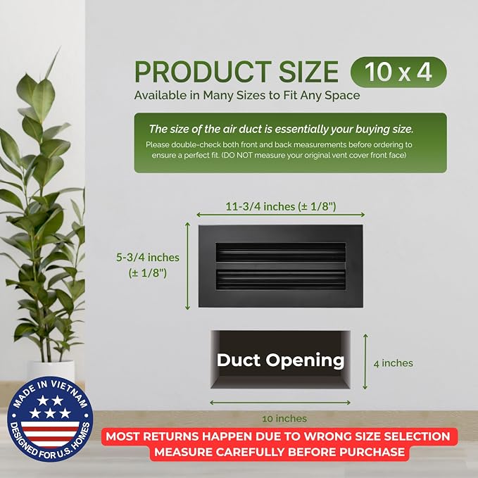 Modern Air Vent Cover 10x4 (Duct Opening), 2 Pack - Decorative Black Aluminum Linear Slot Diffuser for Wall, Ceiling, Floor