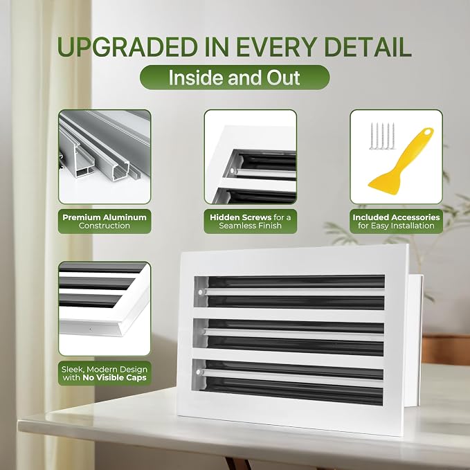 Modern Air Vent Cover 12x8 (Duct Opening) - Decorative White Aluminum Linear Slot Diffuser for Wall, Ceiling, Floor Register
