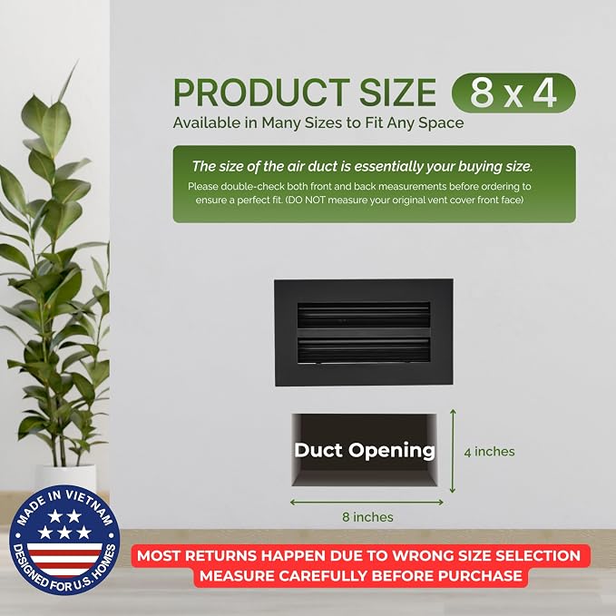 Modern Air Vent Cover 8x4 (Duct Opening) - Decorative Black Aluminum Linear Slot Diffuser for Wall, Ceiling, Floor Register