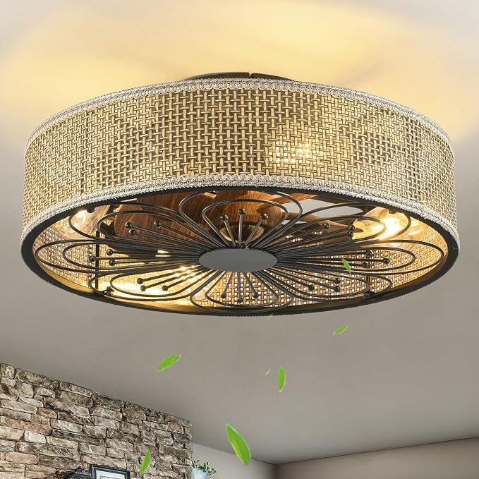 Modern Boho Rattan Flush Mount Ceiling Fans with Lights and Remote Control Low Profile Bladeless Ceiling Fan Timer and
