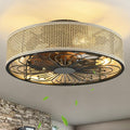 Modern Boho Rattan Flush Mount Ceiling Fans with Lights and Remote Control Low Profile Bladeless Ceiling Fan Timer and