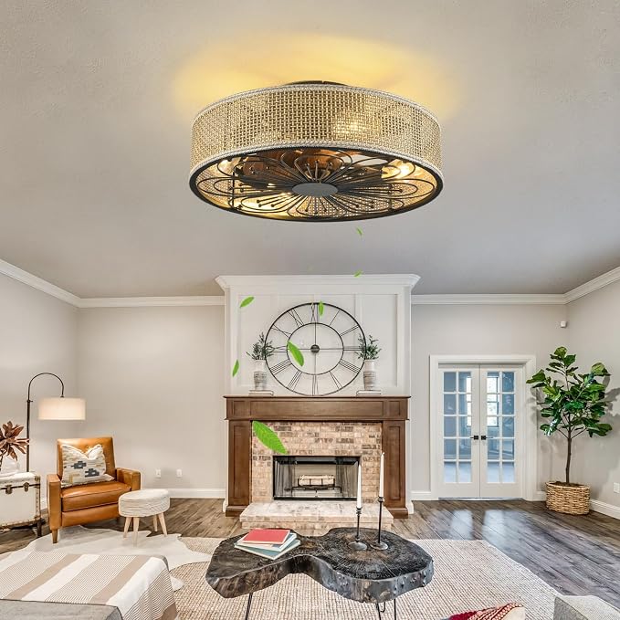 Modern Boho Rattan Flush Mount Ceiling Fans with Lights and Remote Control Low Profile Bladeless Ceiling Fan Timer and