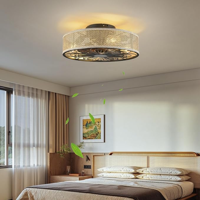 Modern Boho Rattan Flush Mount Ceiling Fans with Lights and Remote Control Low Profile Bladeless Ceiling Fan Timer and