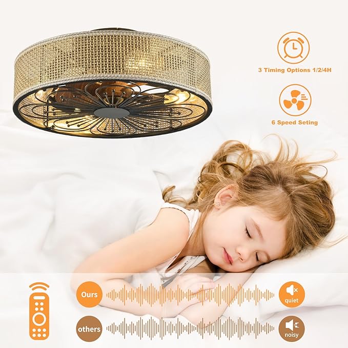Modern Boho Rattan Flush Mount Ceiling Fans with Lights and Remote Control Low Profile Bladeless Ceiling Fan Timer and