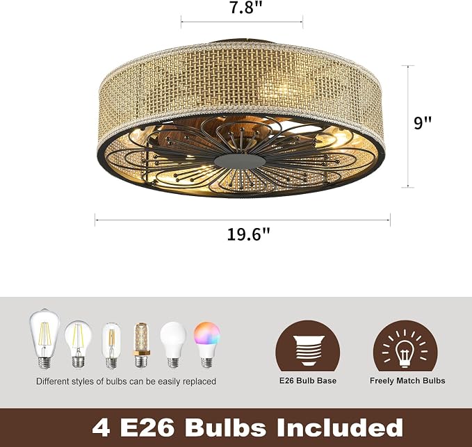Modern Boho Rattan Flush Mount Ceiling Fans with Lights and Remote Control Low Profile Bladeless Ceiling Fan Timer and