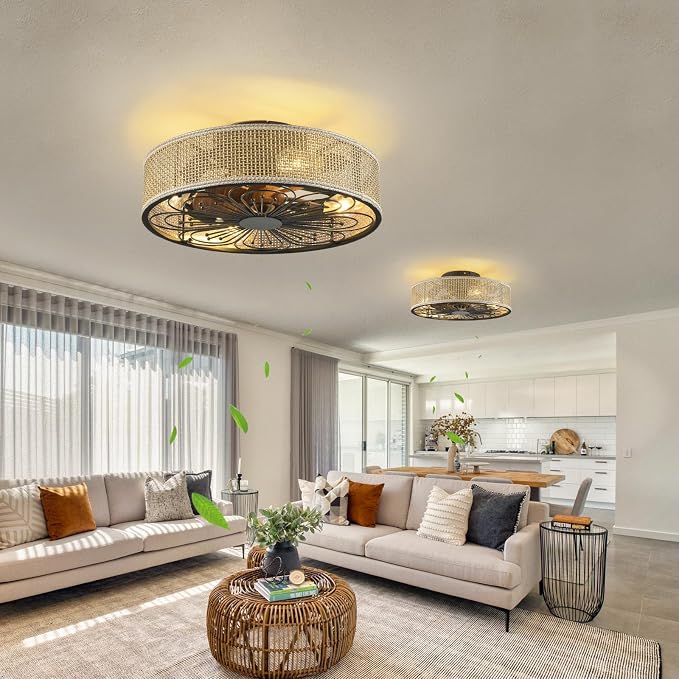 Modern Boho Rattan Flush Mount Ceiling Fans with Lights and Remote Control Low Profile Bladeless Ceiling Fan Timer and