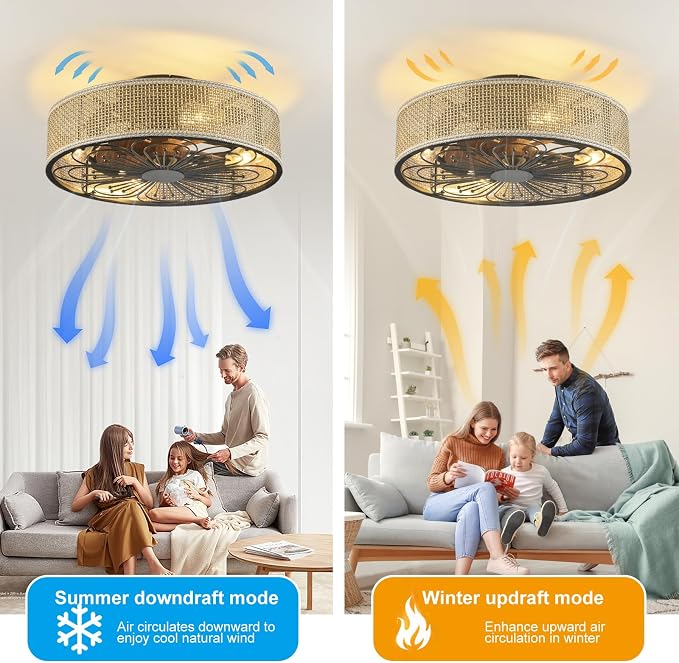 Modern Boho Rattan Flush Mount Ceiling Fans with Lights and Remote Control Low Profile Bladeless Ceiling Fan Timer and