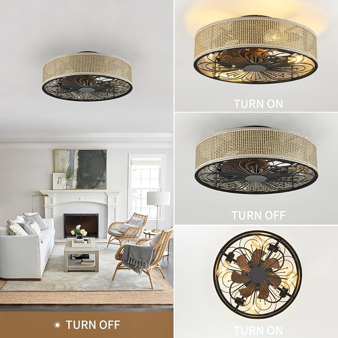 Modern Boho Rattan Flush Mount Ceiling Fans with Lights and Remote Control Low Profile Bladeless Ceiling Fan Timer and