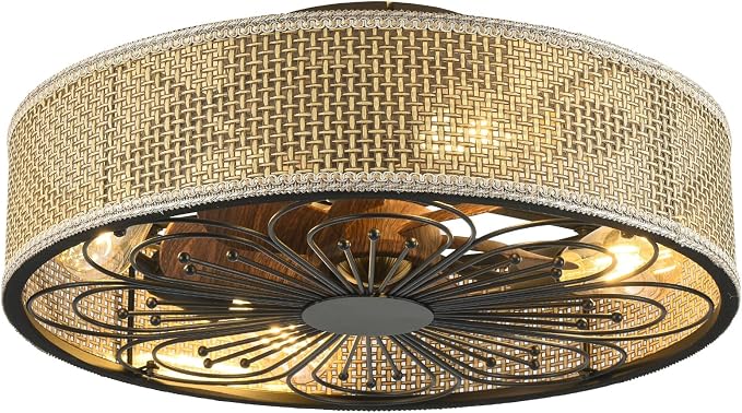 Modern Boho Rattan Flush Mount Ceiling Fans with Lights and Remote Control Low Profile Bladeless Ceiling Fan Timer and
