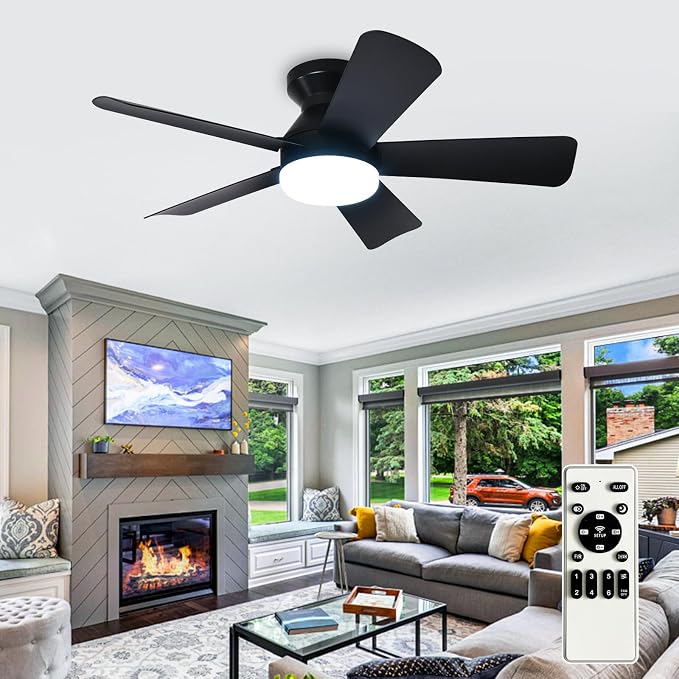 Modern Ceiling Fan with Light: 35-Inch Black Small Fans for Bedroom Indoor Outdoor - Dimmable Low Profile