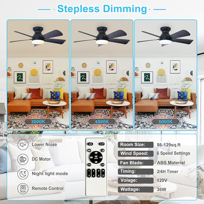 Modern Ceiling Fan with Light: 35-Inch Black Small Fans for Bedroom Indoor Outdoor - Dimmable Low Profile, alternate view 3