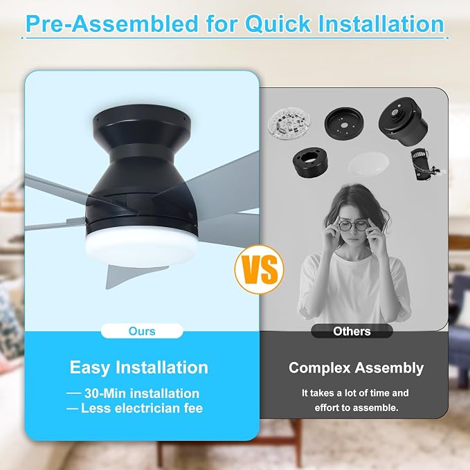 Modern Ceiling Fan with Light: 35-Inch Black Small Fans for Bedroom Indoor Outdoor - Dimmable Low Profile, alternate view 5