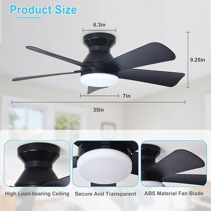Modern Ceiling Fan with Light: 35-Inch Black Small Fans for Bedroom Indoor Outdoor - Dimmable Low Profile, alternate view 6
