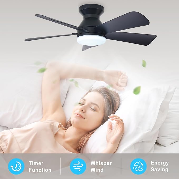 Modern Ceiling Fan with Light: 35-Inch Black Small Fans for Bedroom Indoor Outdoor - Dimmable Low Profile, alternate view 7