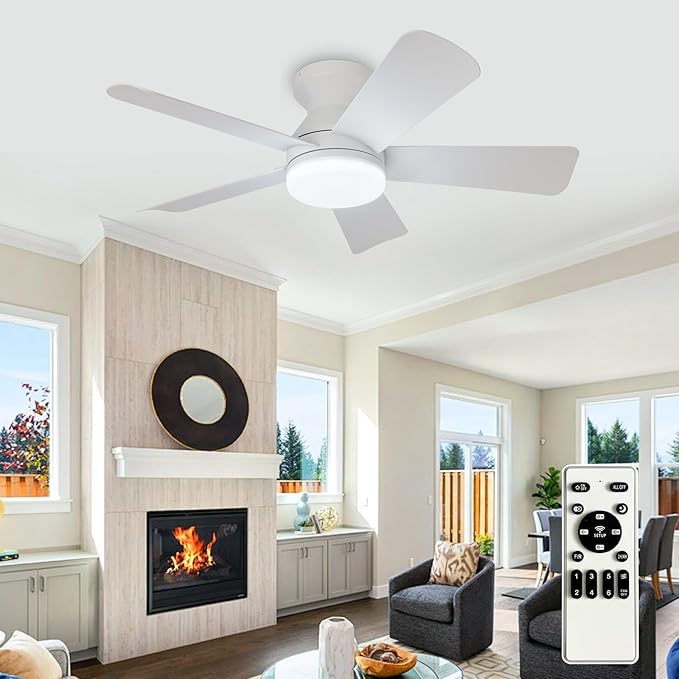 Modern Ceiling Fan with Light: 35-Inch White Small Fans for Bedroom Indoor Outdoor - Dimmable Low Profile