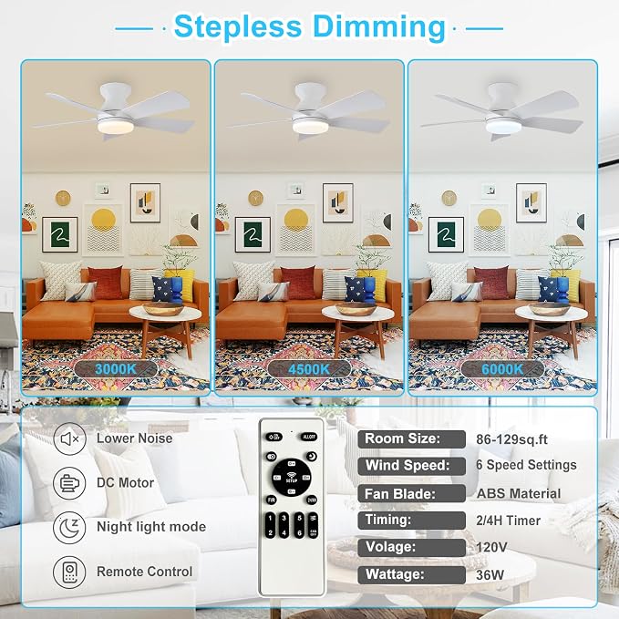 Modern Ceiling Fan with Light: 35-Inch White Small Fans for Bedroom Indoor Outdoor - Dimmable Low Profile, alternate view 3