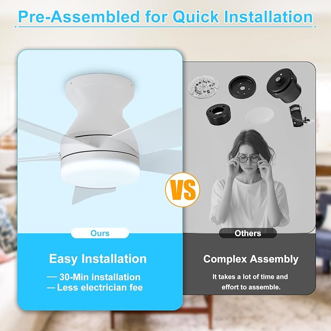 Modern Ceiling Fan with Light: 35-Inch White Small Fans for Bedroom Indoor Outdoor - Dimmable Low Profile, alternate view 5
