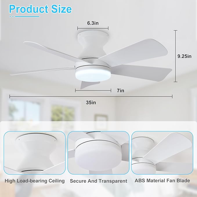 Modern Ceiling Fan with Light: 35-Inch White Small Fans for Bedroom Indoor Outdoor - Dimmable Low Profile, alternate view 6