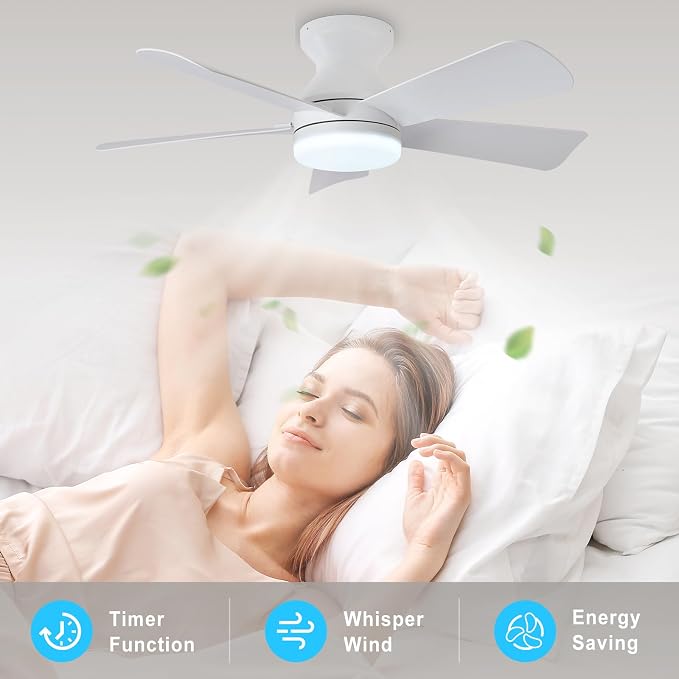 Modern Ceiling Fan with Light: 35-Inch White Small Fans for Bedroom Indoor Outdoor - Dimmable Low Profile, alternate view 7