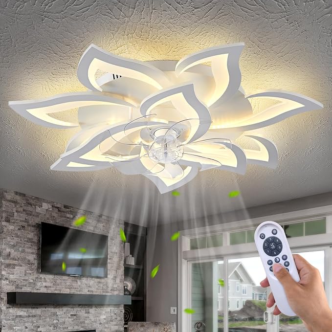 Modern Ceiling Fan with Light and Remote, Low Profile Ceiling Fans with Lights, 32 Inch Flush Mount Ceiling Fan with 3 Light