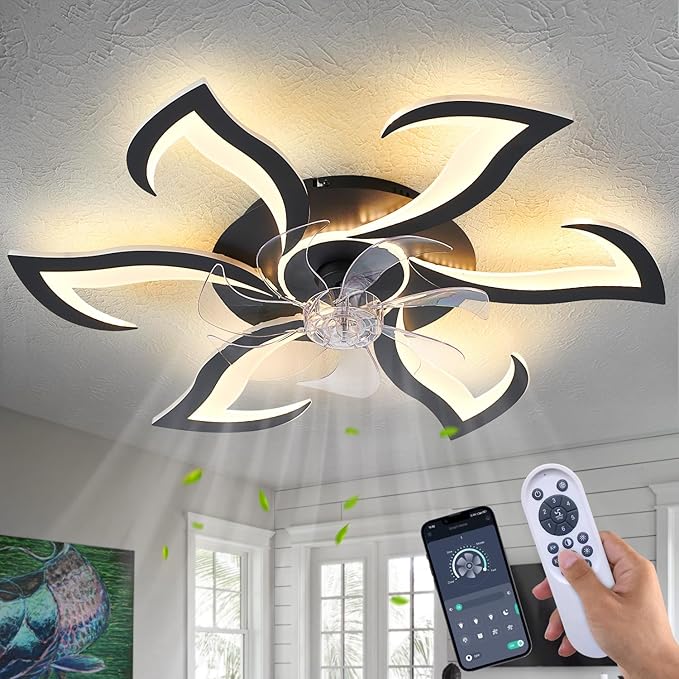 Modern Ceiling Fan with Lights and Remote Control, 32" Black Flush Mount Fan with 3 Light Colors, 6 Speeds, Low Profile for