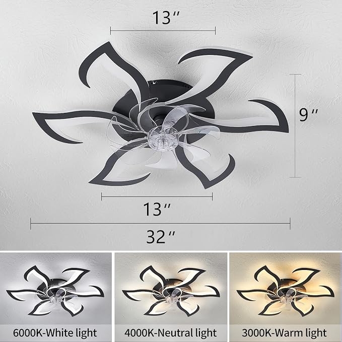 Modern Ceiling Fan with Lights and Remote Control, 32" Black Flush Mount Fan with 3 Light Colors, 6 Speeds, Low Profile for