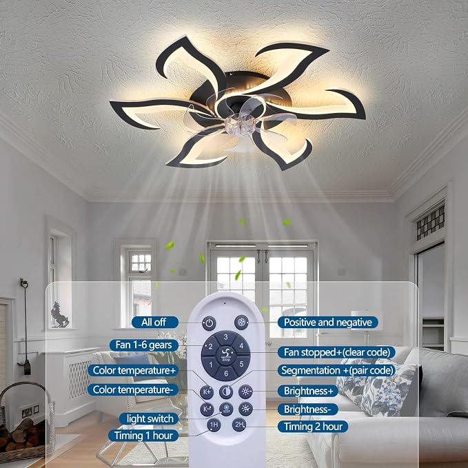 Modern Ceiling Fan with Lights and Remote Control, 32" Black Flush Mount Fan with 3 Light Colors, 6 Speeds, Low Profile for