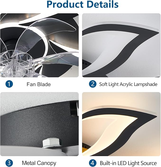 Modern Ceiling Fan with Lights and Remote Control, 32" Black Flush Mount Fan with 3 Light Colors, 6 Speeds, Low Profile for