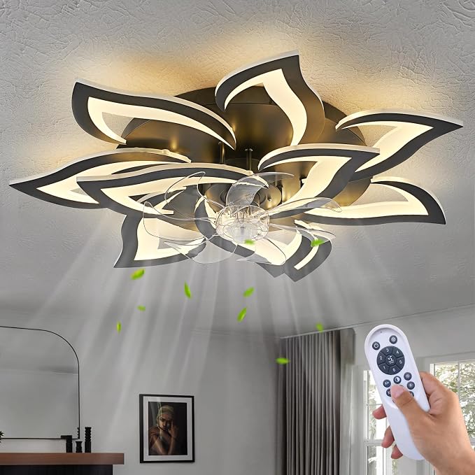 Modern Ceiling Fan with Lights Remote Control, 32" Black Ceiling Fan with Light, 6 Speeds 3 Light Color Low Profile Flush