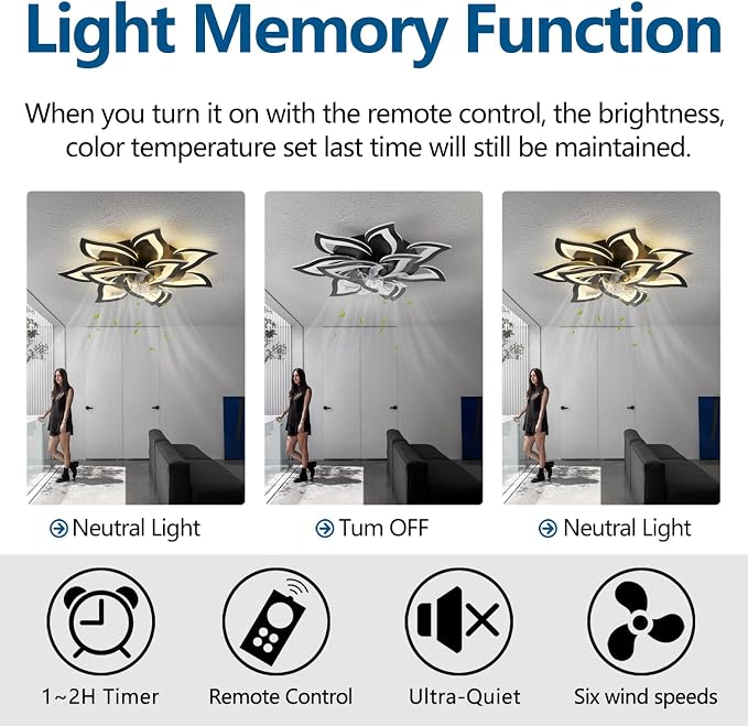 Modern Ceiling Fan with Lights Remote Control, 32" Black Ceiling Fan with Light, 6 Speeds 3 Light Color Low Profile Flush