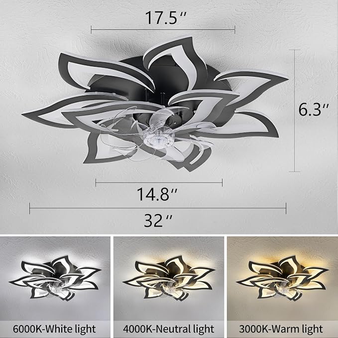 Modern Ceiling Fan with Lights Remote Control, 32" Black Ceiling Fan with Light, 6 Speeds 3 Light Color Low Profile Flush