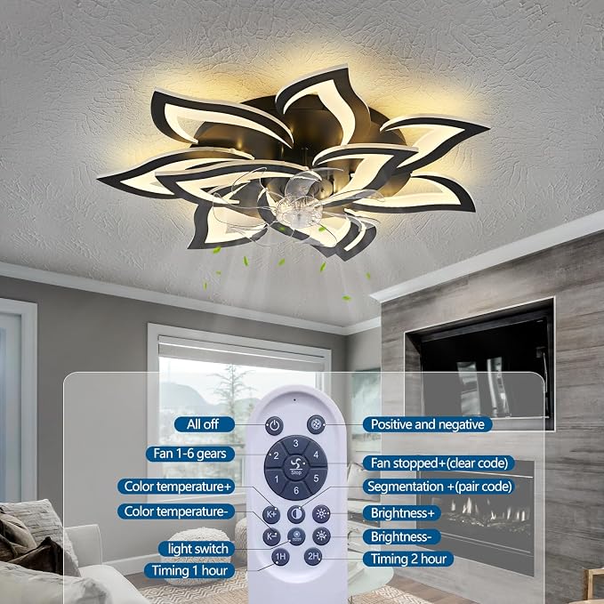 Modern Ceiling Fan with Lights Remote Control, 32" Black Ceiling Fan with Light, 6 Speeds 3 Light Color Low Profile Flush