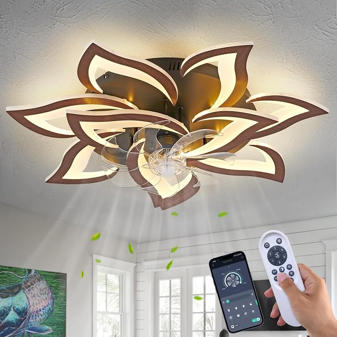 Modern Ceiling Fan with Lights Remote Control, 32" Wood Ceiling Fan with Light, 6 Speeds 3 Light Color Low Profile Flush