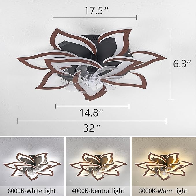 Modern Ceiling Fan with Lights Remote Control, 32" Wood Ceiling Fan with Light, 6 Speeds 3 Light Color Low Profile Flush