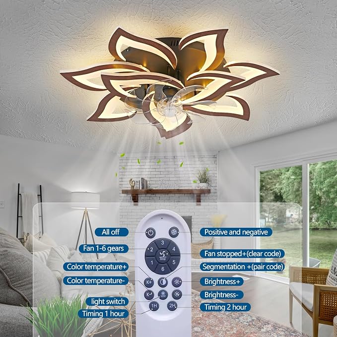 Modern Ceiling Fan with Lights Remote Control, 32" Wood Ceiling Fan with Light, 6 Speeds 3 Light Color Low Profile Flush