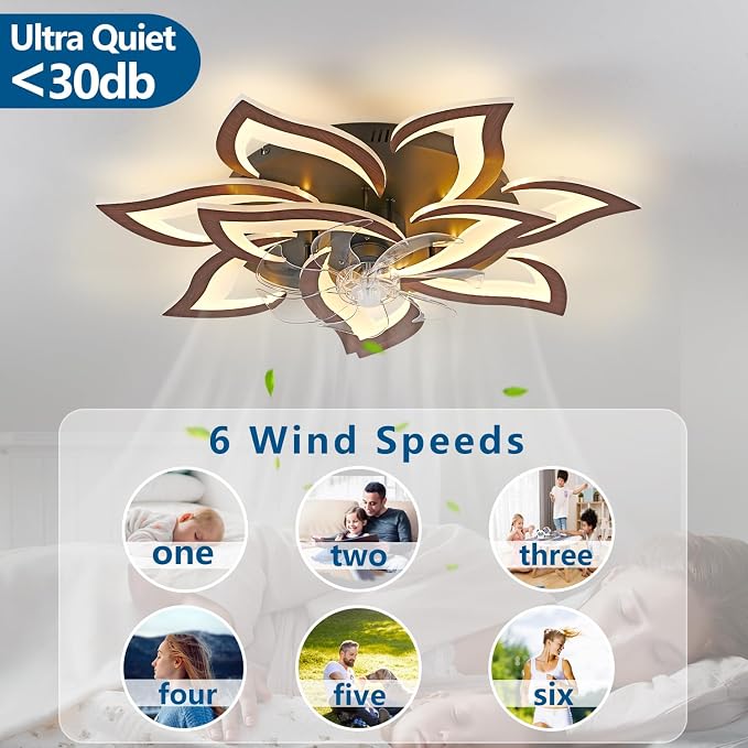 Modern Ceiling Fan with Lights Remote Control, 32" Wood Ceiling Fan with Light, 6 Speeds 3 Light Color Low Profile Flush