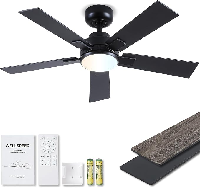 Modern Ceiling Fans with Lights - 42 inch Black Outdoor Ceiling Fan with Light and Remote, Reversible DC Motor, 6-Speed Quiet