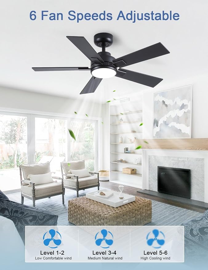 Modern Ceiling Fans with Lights - 42 inch Black Outdoor Ceiling Fan with Light and Remote, Reversible DC Motor, 6-Speed Quiet